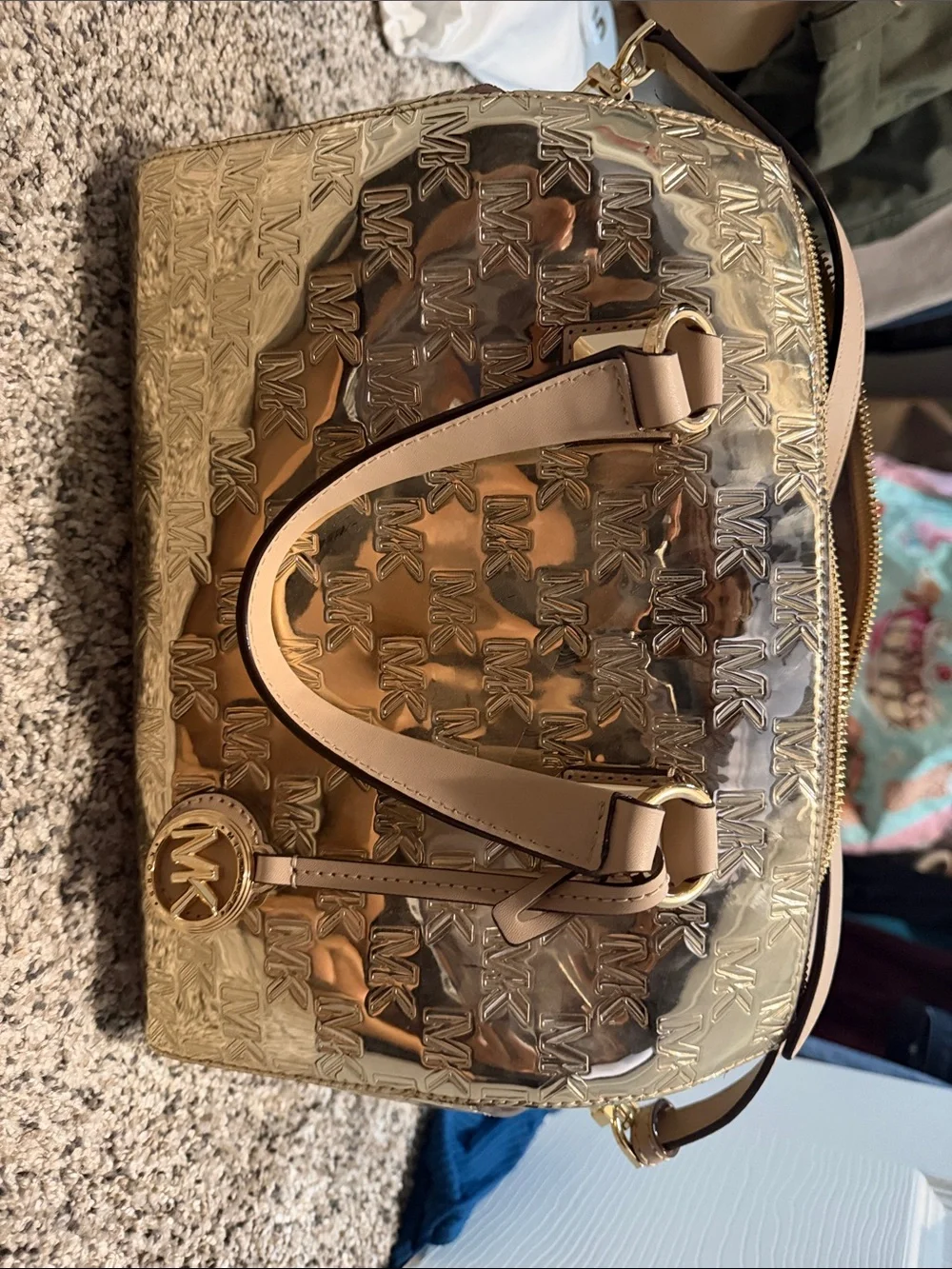 Michael Kors Metallic Gold Dome Satchel with Neutral Handles